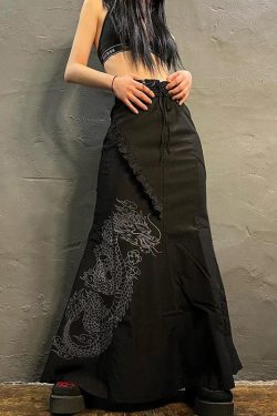 Gothic Dragon Printed Midi Skirt - Retro Y2K Grunge Fashion for Bold Statements