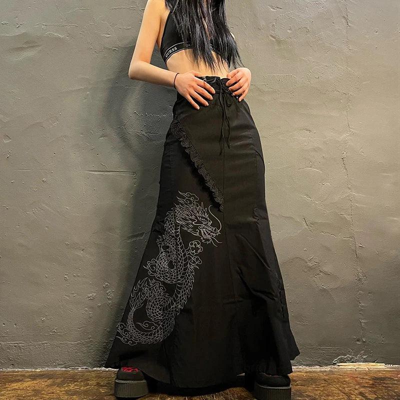 Gothic Dragon Printed Midi Skirt - Retro Y2K Grunge Fashion for Bold Statements