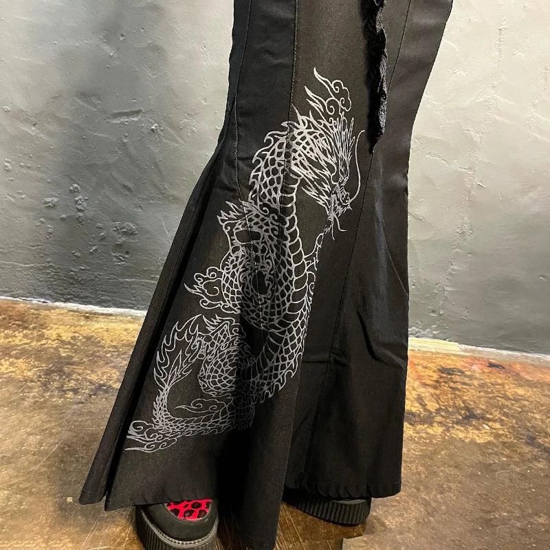 Gothic Dragon Printed Midi Skirt - Retro Y2K Grunge Fashion for Bold Statements