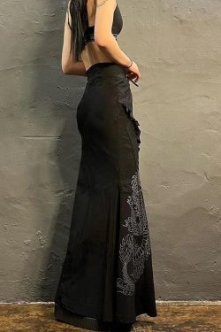 Gothic Dragon Printed Midi Skirt - Retro Y2K Grunge Fashion for Bold Statements