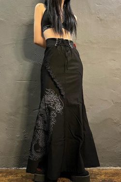 Gothic Dragon Printed Midi Skirt - Retro Y2K Grunge Fashion for Bold Statements