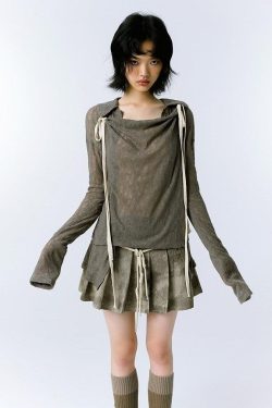 Grunge Asymmetric Lace Top - Retro Y2K Fashion Inspired Long Sleeve Blouse