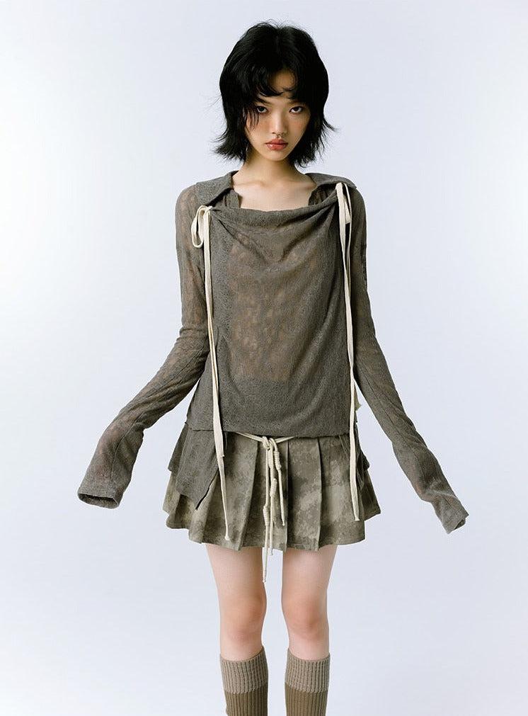 Grunge Asymmetric Lace Top - Retro Y2K Fashion Inspired Long Sleeve Blouse