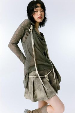 Grunge Asymmetric Lace Top - Retro Y2K Fashion Inspired Long Sleeve Blouse