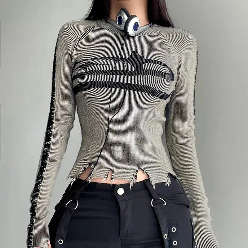 Grunge Distressed Long Sleeve Top - Retro 90s Y2K Fashion
