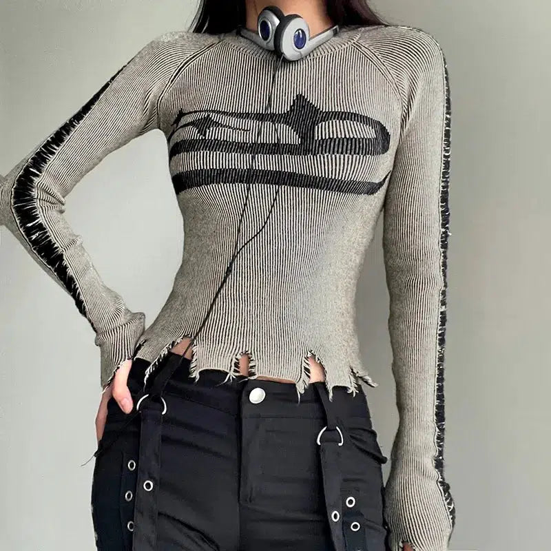 Grunge Distressed Long Sleeve Top - Retro 90s Y2K Fashion
