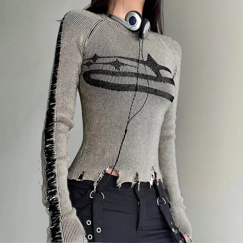 Grunge Distressed Long Sleeve Top - Retro 90s Y2K Fashion