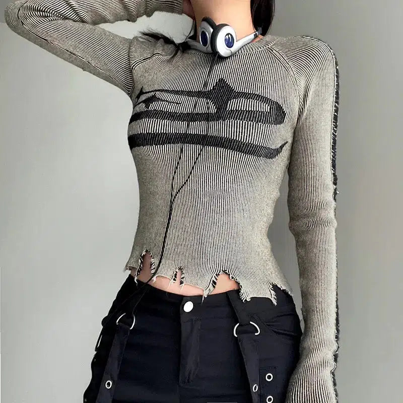 Grunge Distressed Long Sleeve Top - Retro 90s Y2K Fashion