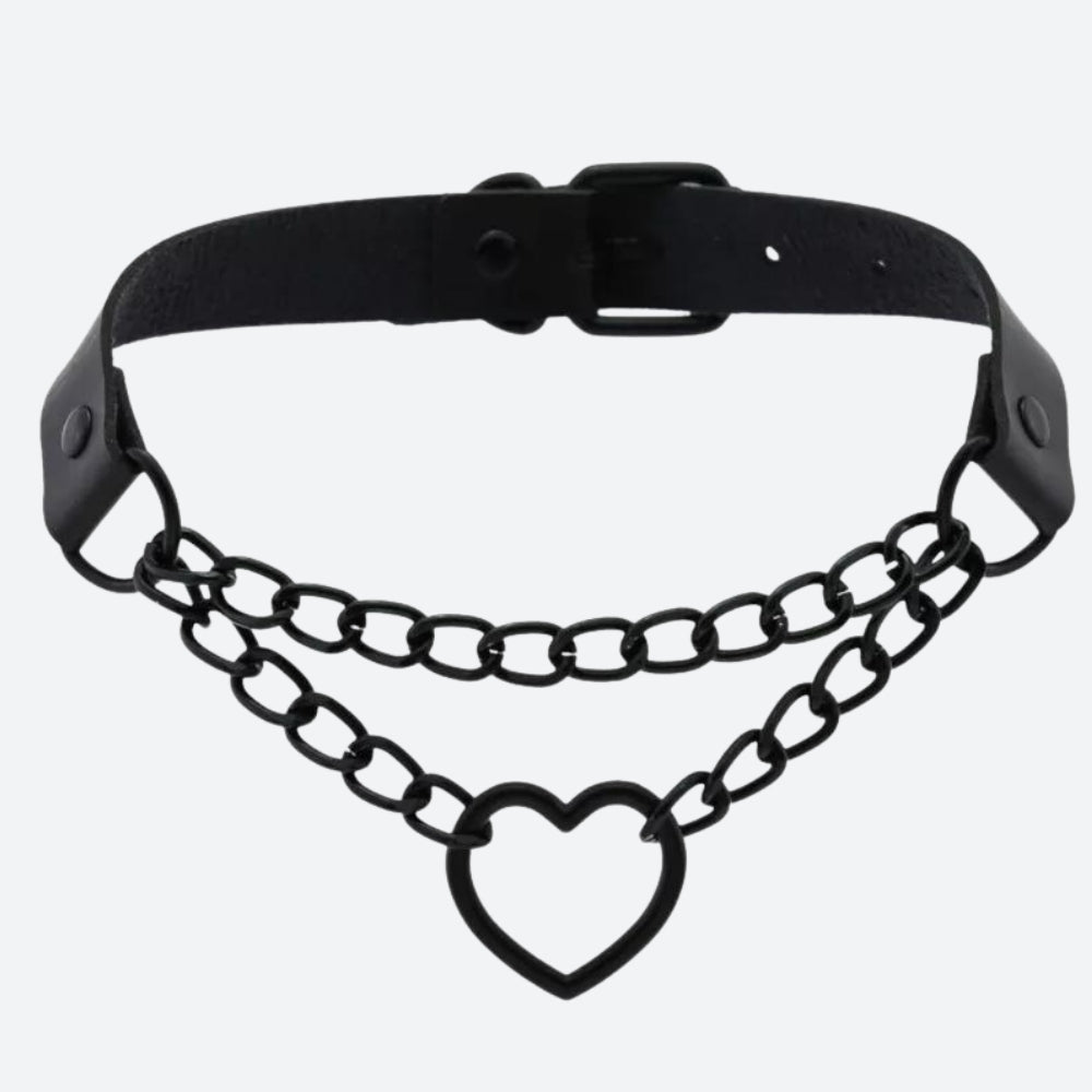 Grunge Heart Choker Necklace with Belted Detail - Perfect for Y2K and 90s Fashion