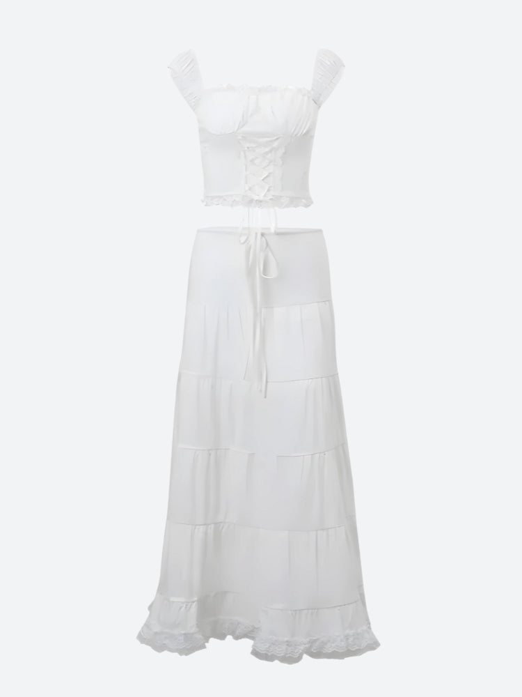 Y2K Coquette Lace Up Crop Top & Maxi Skirt Set - Retro Summer Fashion Outfit