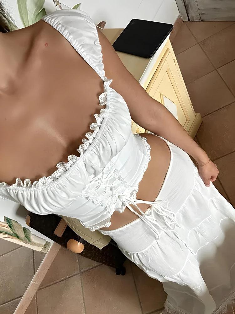 Y2K Coquette Lace Up Crop Top & Maxi Skirt Set - Retro Summer Fashion Outfit