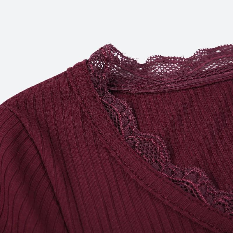Y2K Corduroy Lace Trim Top - Retro Style Grunge Outfit