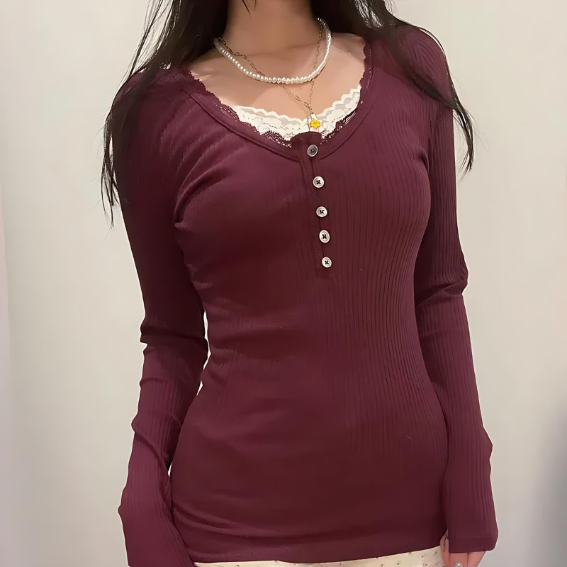 Y2K Corduroy Lace Trim Top - Retro Style Grunge Outfit