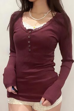 Y2K Corduroy Lace Trim Top - Retro Style Grunge Outfit