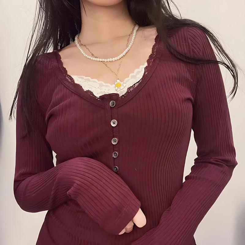 Y2K Corduroy Lace Trim Top - Retro Style Grunge Outfit