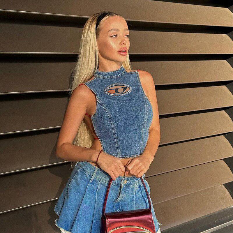 Y2K Cowgirl Denim Halter Corset Top - Retro 90s Fashion Statement