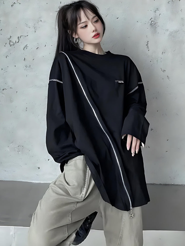 Y2K Cyberpunk Cross Zip-Up Top - Retro 90s Grunge Style