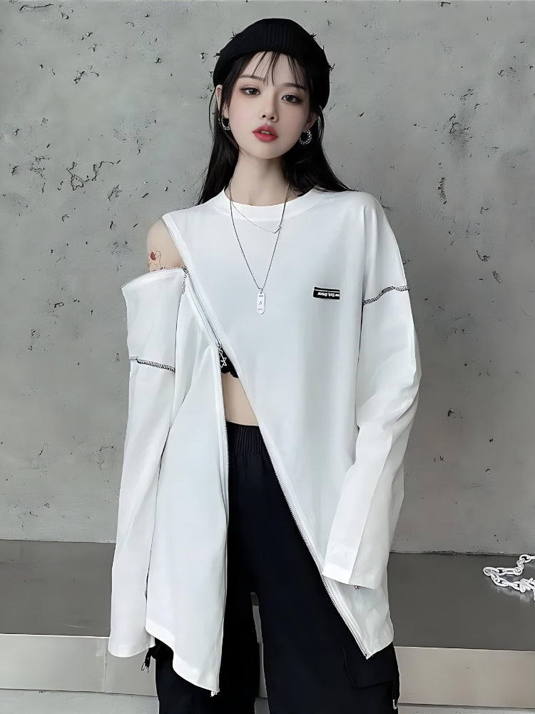 Y2K Cyberpunk Cross Zip-Up Top - Retro 90s Grunge Style