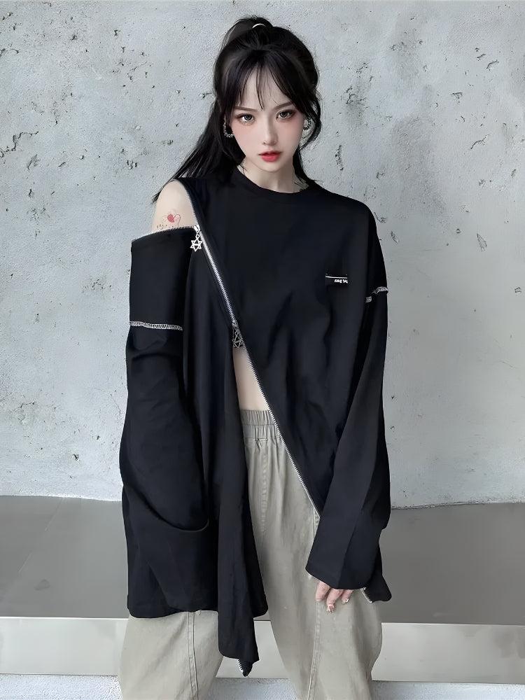 Y2K Cyberpunk Cross Zip-Up Top - Retro 90s Grunge Style