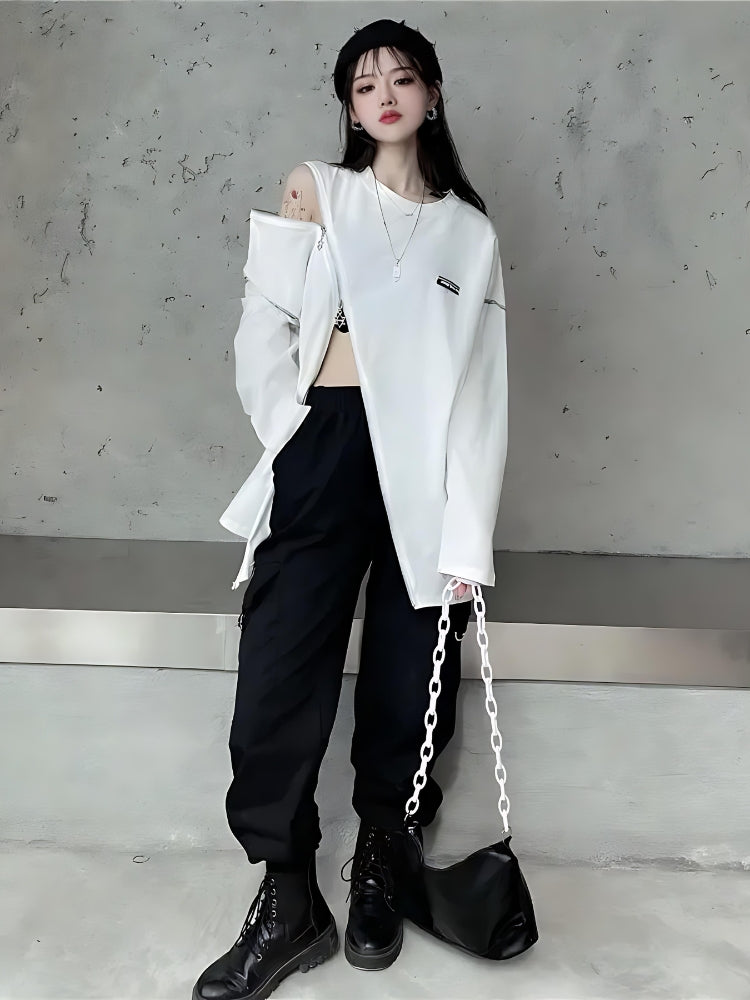 Y2K Cyberpunk Cross Zip-Up Top - Retro 90s Grunge Style