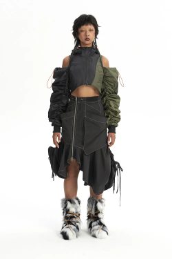 Y2K Cyberpunk Ruched Sleeve Puffer Jacket - Retro Style Grunge Outerwear