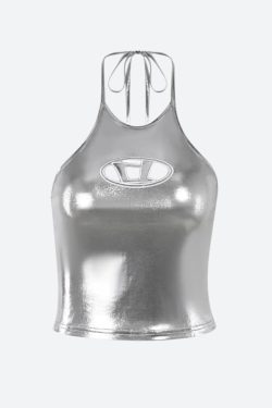Y2K Cyberpunk Silver Halter Neck Top - Retro Style Grunge Outfit