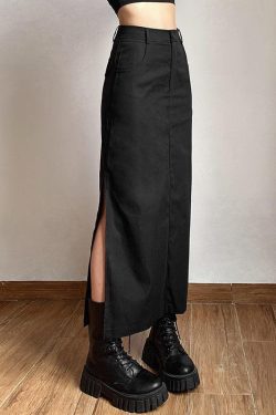 Y2K Dark Academia Side Slit Maxi Skirt - Retro Grunge Fashion