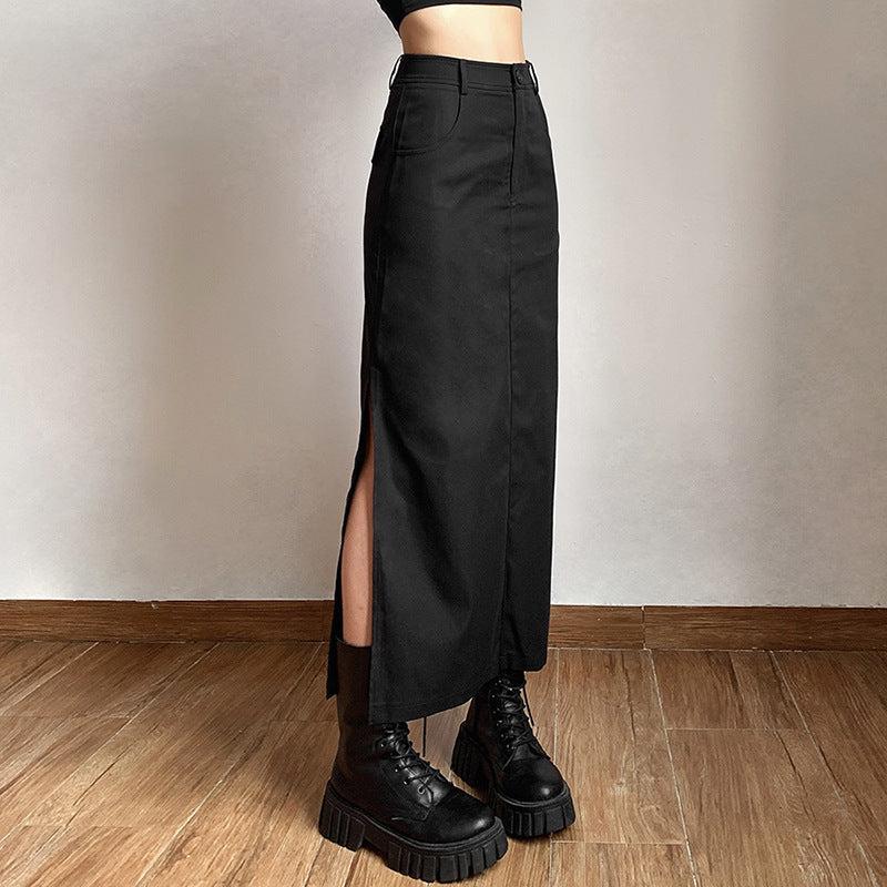 Y2K Dark Academia Side Slit Maxi Skirt - Retro Grunge Fashion