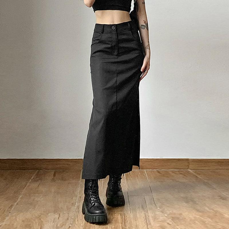 Y2K Dark Academia Side Slit Maxi Skirt - Retro Grunge Fashion