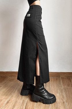 Y2K Dark Academia Side Slit Maxi Skirt - Retro Grunge Fashion