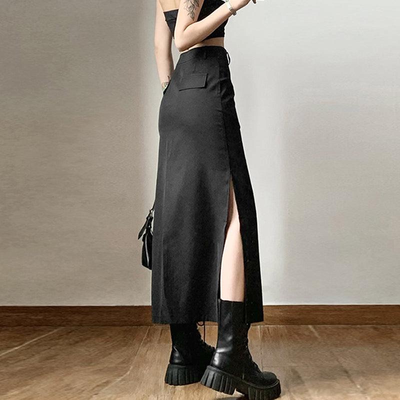 Y2K Dark Academia Side Slit Maxi Skirt - Retro Grunge Fashion