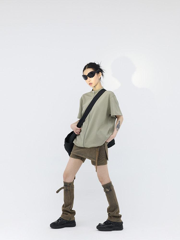 Y2K Denim Mini Skort with Belt Detail and Leg Warmer - Retro 90s Fashion