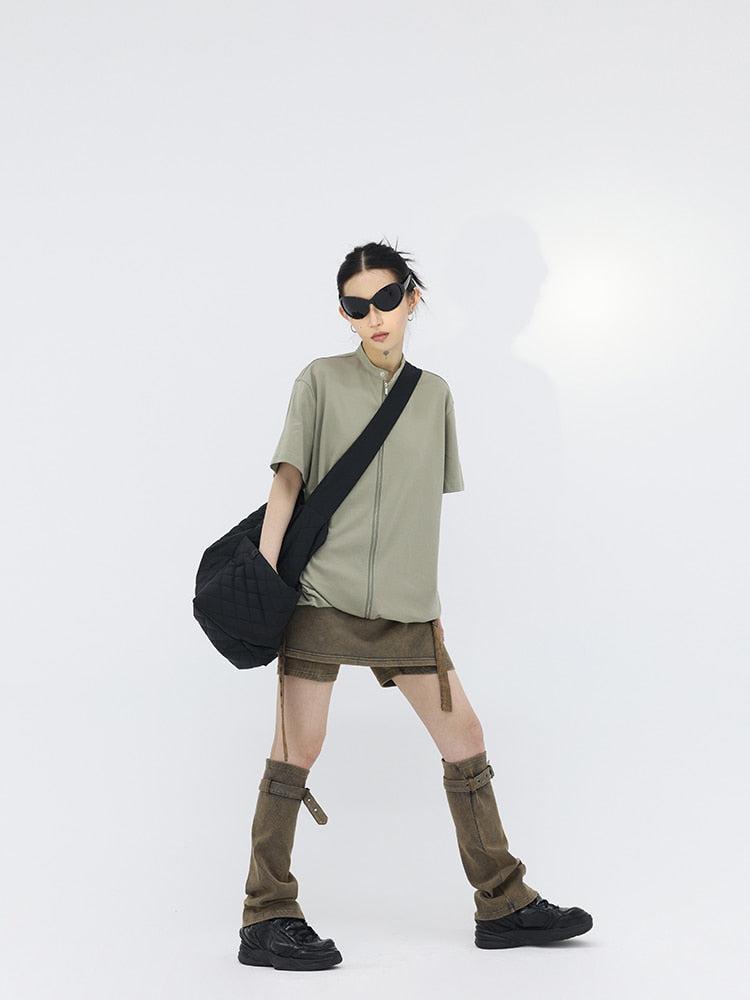 Y2K Denim Mini Skort with Belt Detail and Leg Warmer - Retro 90s Fashion