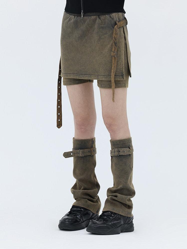 Y2K Denim Mini Skort with Belt Detail and Leg Warmer - Retro 90s Fashion