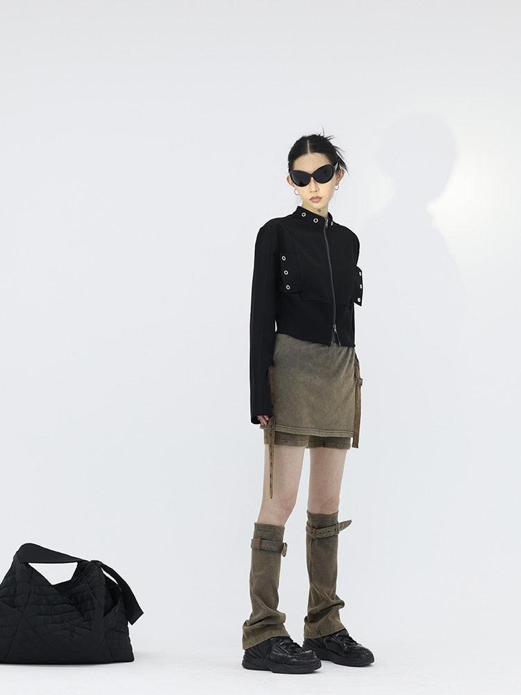 Y2K Denim Mini Skort with Belt Detail and Leg Warmer - Retro 90s Fashion
