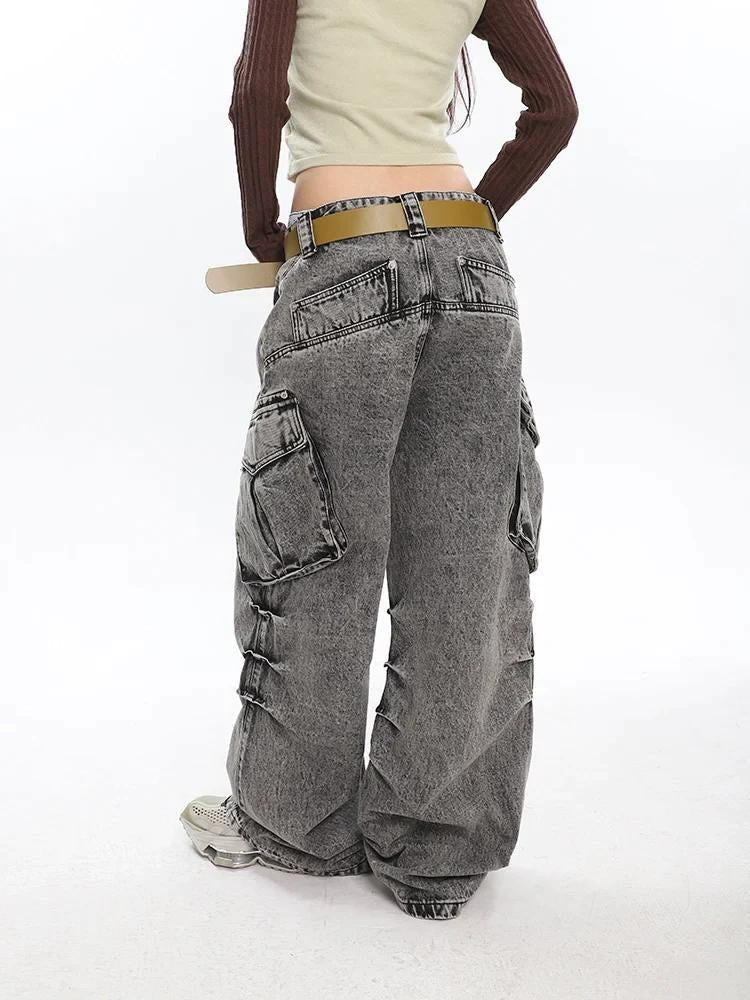 Y2K Distressed Cargo Jeans with Big Pockets - Retro 90s Grunge Style