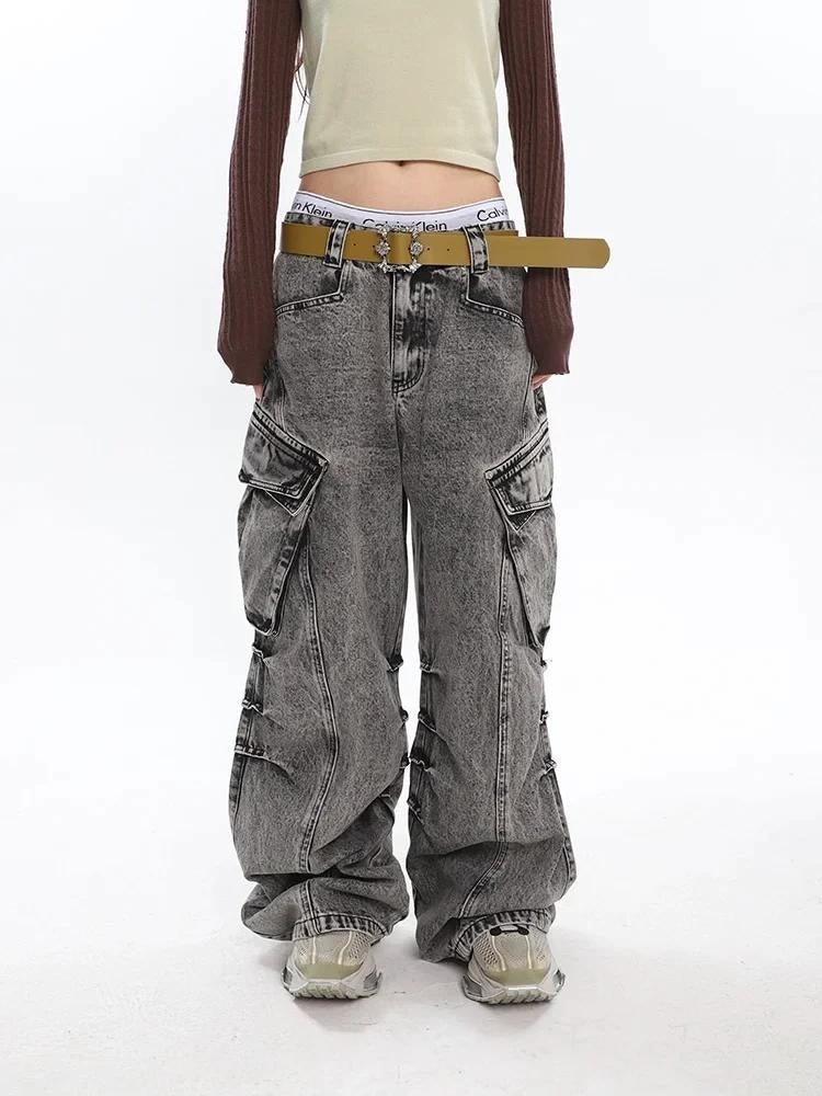 Y2K Distressed Cargo Jeans with Big Pockets - Retro 90s Grunge Style