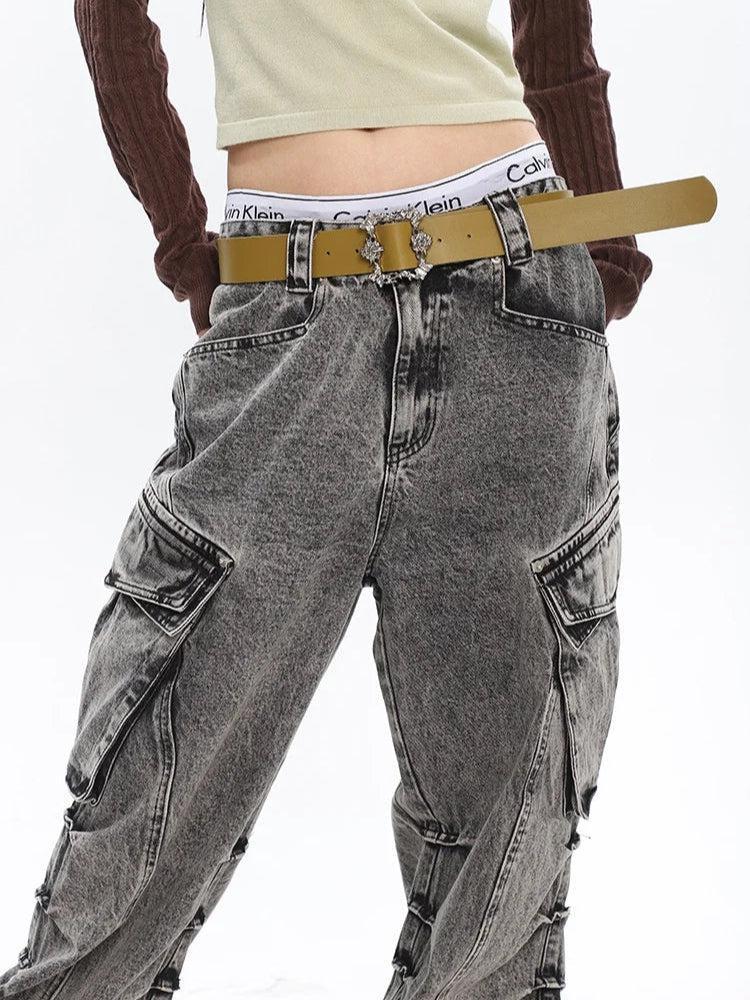 Y2K Distressed Cargo Jeans with Big Pockets - Retro 90s Grunge Style