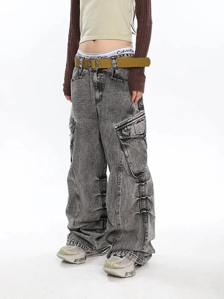 Y2K Distressed Cargo Jeans with Big Pockets - Retro 90s Grunge Style
