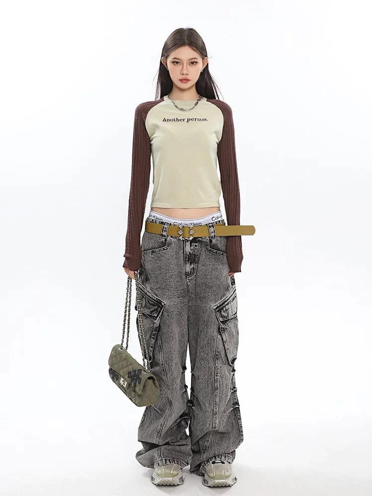 Y2K Distressed Cargo Jeans with Big Pockets - Retro 90s Grunge Style