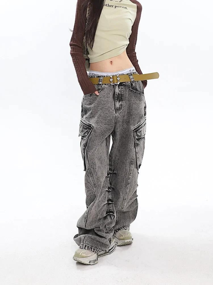 Y2K Distressed Cargo Jeans with Big Pockets - Retro 90s Grunge Style