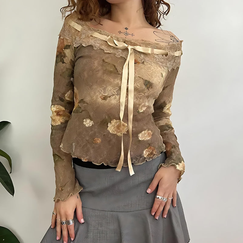Y2K Fairy Grunge Floral Lace Off Shoulder Top - Retro 90s Style