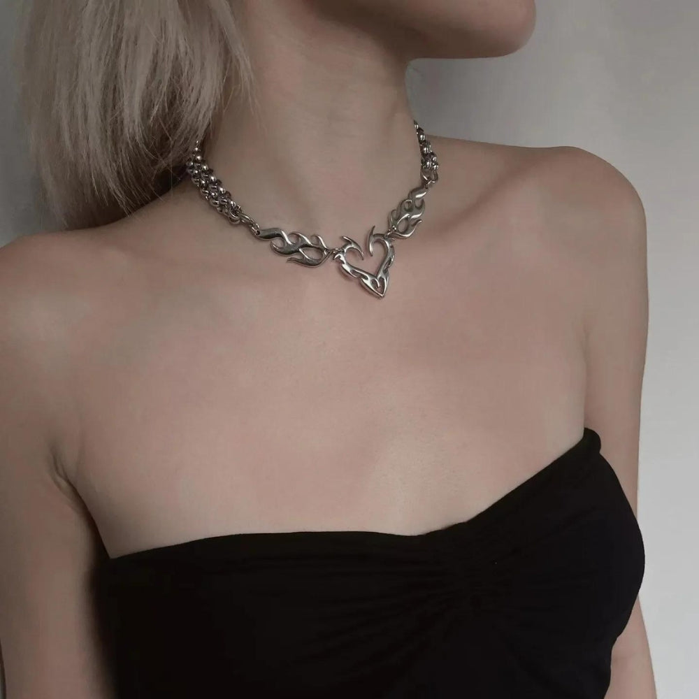 Y2K Flaming Heart Necklace - Retro Style Jewelry for 90s and Y2K Fashion Outfits