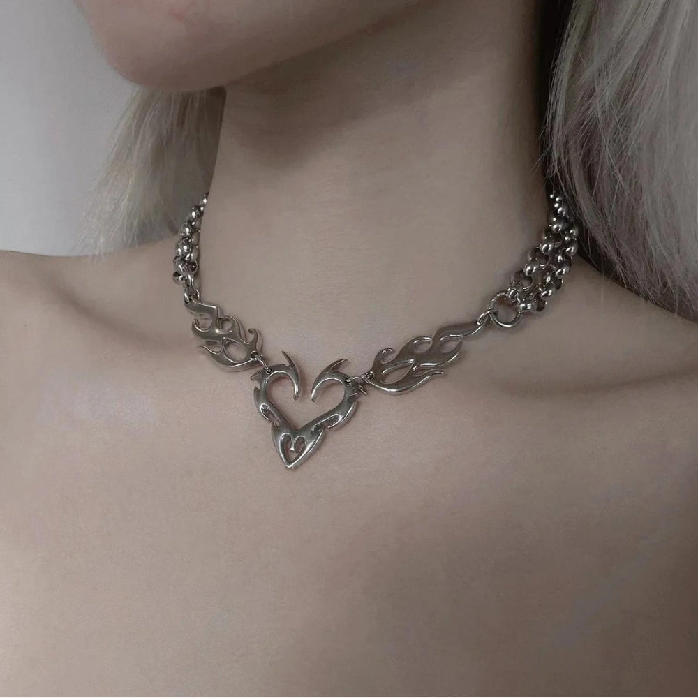 Y2K Flaming Heart Necklace - Retro Style Jewelry for 90s and Y2K Fashion Outfits