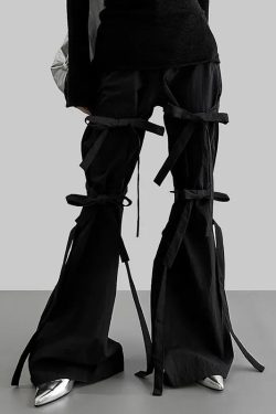 Y2K Gothic Lace Up Flare Pants - Retro 90s Grunge Style