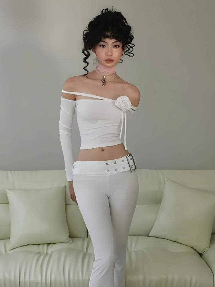 Y2K Grunge Baddie Rose Asymmetric Off Shoulder Top - Retro 90s Fashion Statement