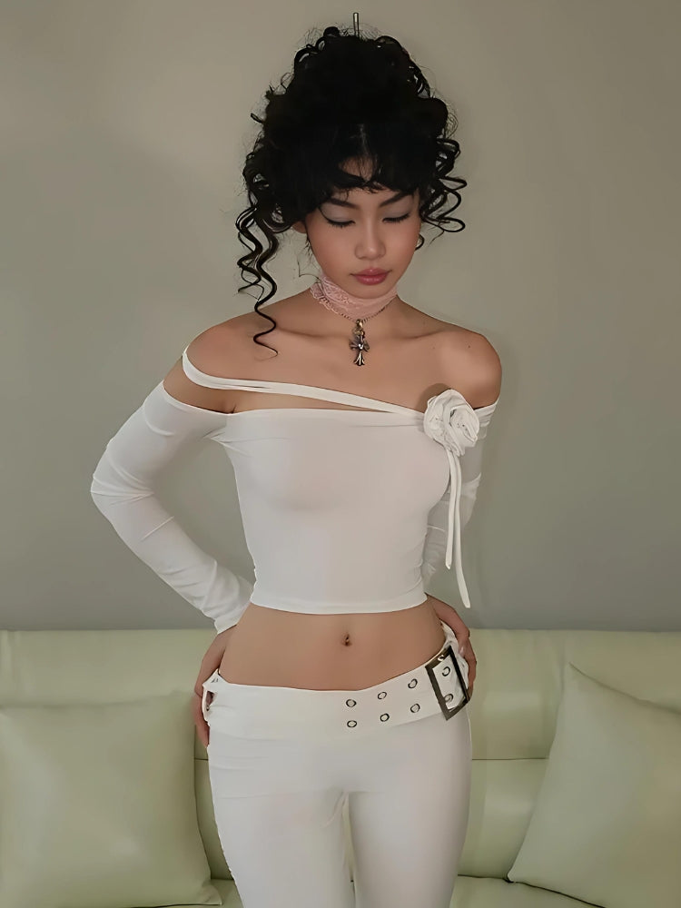 Y2K Grunge Baddie Rose Asymmetric Off Shoulder Top - Retro 90s Fashion Statement