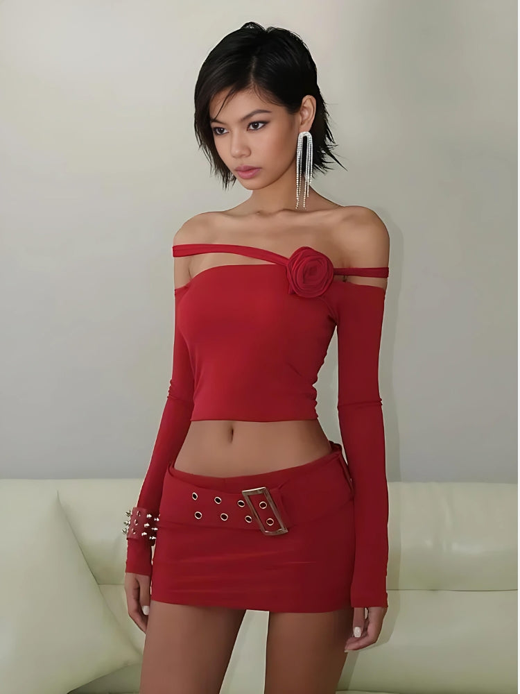 Y2K Grunge Baddie Rose Asymmetric Off Shoulder Top - Retro 90s Fashion Statement