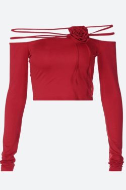 Y2K Grunge Baddie Rose Asymmetric Off Shoulder Top - Retro 90s Fashion Statement