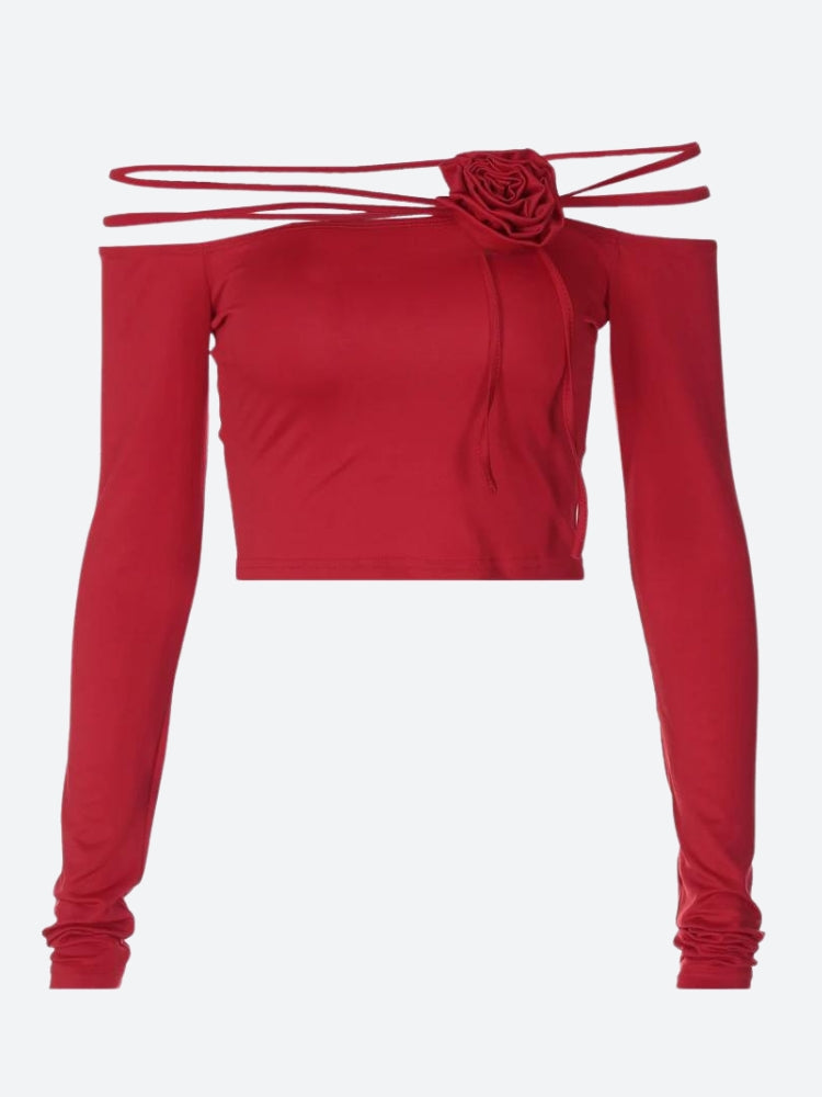 Y2K Grunge Baddie Rose Asymmetric Off Shoulder Top - Retro 90s Fashion Statement